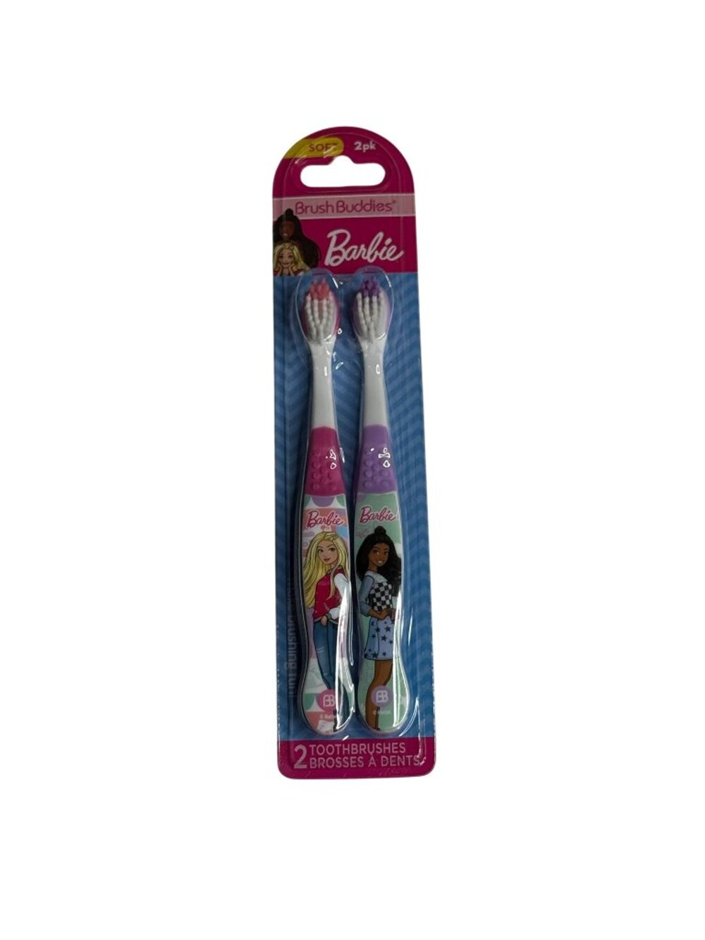 Barbie Kids Toothbrush 2 Pack Soft Bristles Brush Buddies Pink Purple